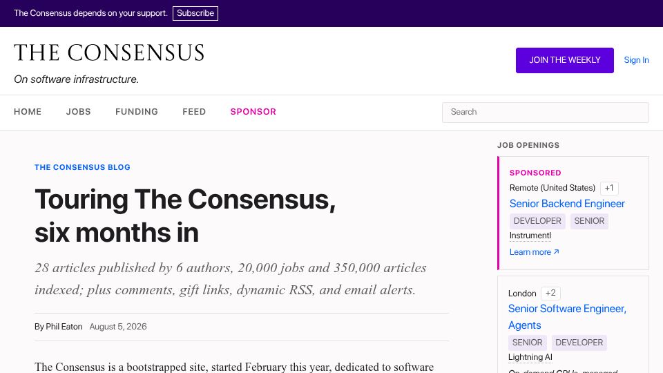 Screenshot of theconsensus.dev: Touring the Consensus, Six Months In