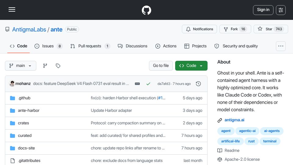 Screenshot of github.com: Show HN: Ante, a coding agent in a single binary that runs offline