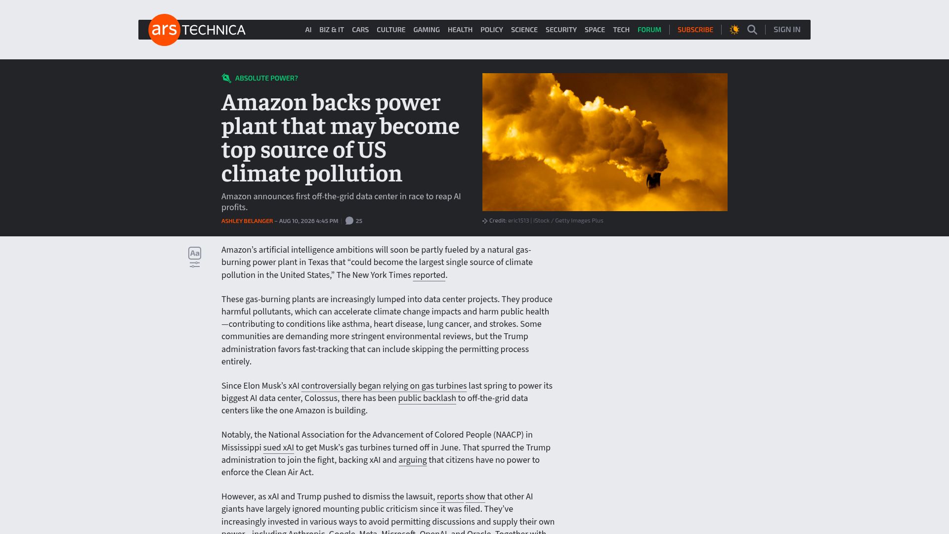 Screenshot of arstechnica.com: Amazon backs power plant that may become top source of US climate pollution