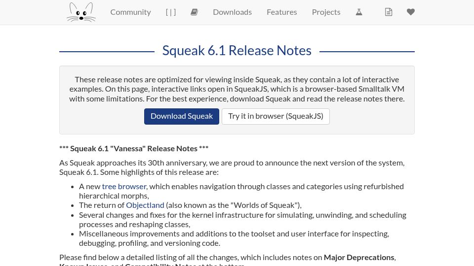 Screenshot of squeak.org: Squeak 6.1