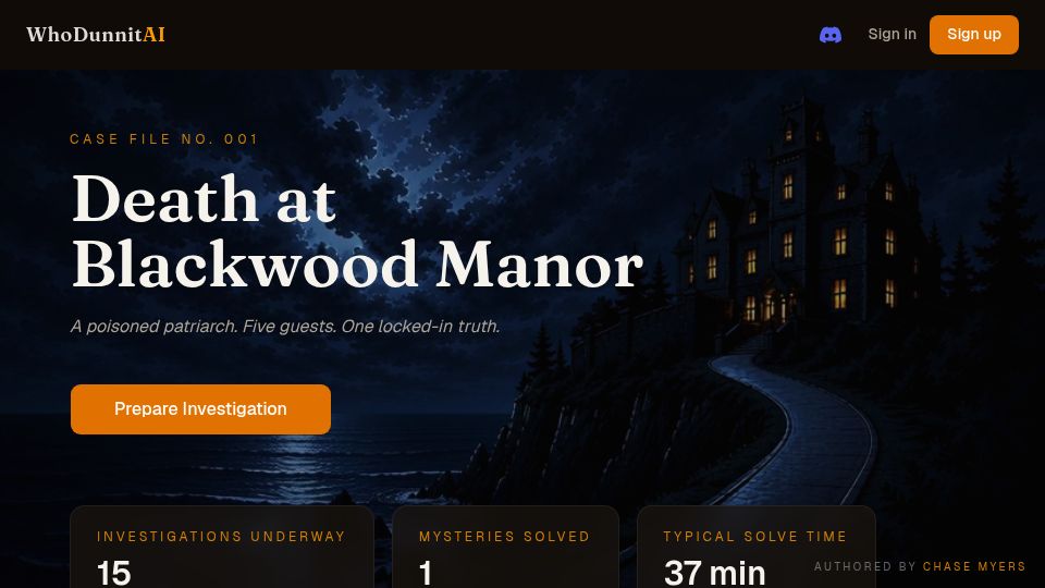Screenshot of whodunnitai.com: Show HN: Voice driven murder mystery, Interview AI suspects with your voice