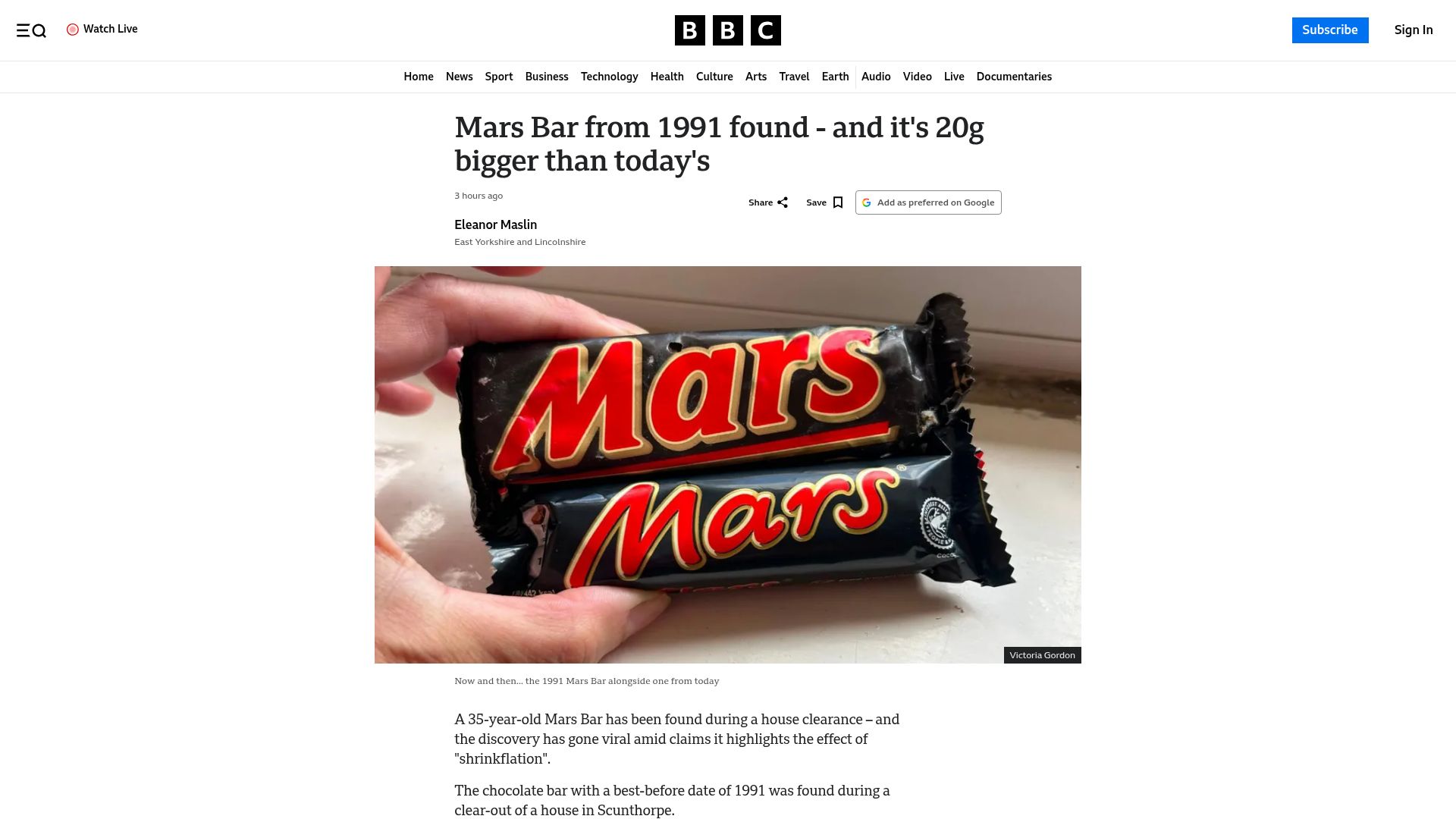 Screenshot of bbc.com: Mars Bar from 1991 found – and it's 20g bigger than today's