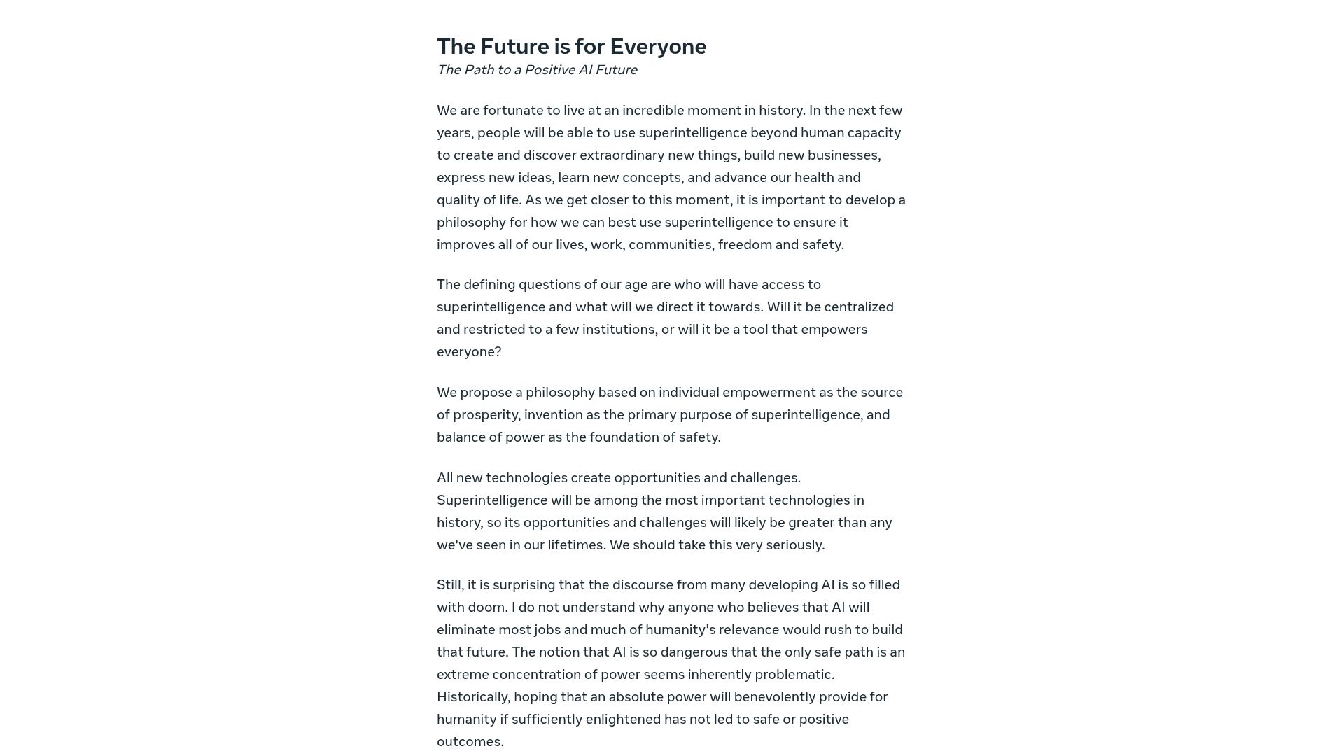Screenshot of meta.com: The Future Is for Everyone – The Path to a Positive AI Future