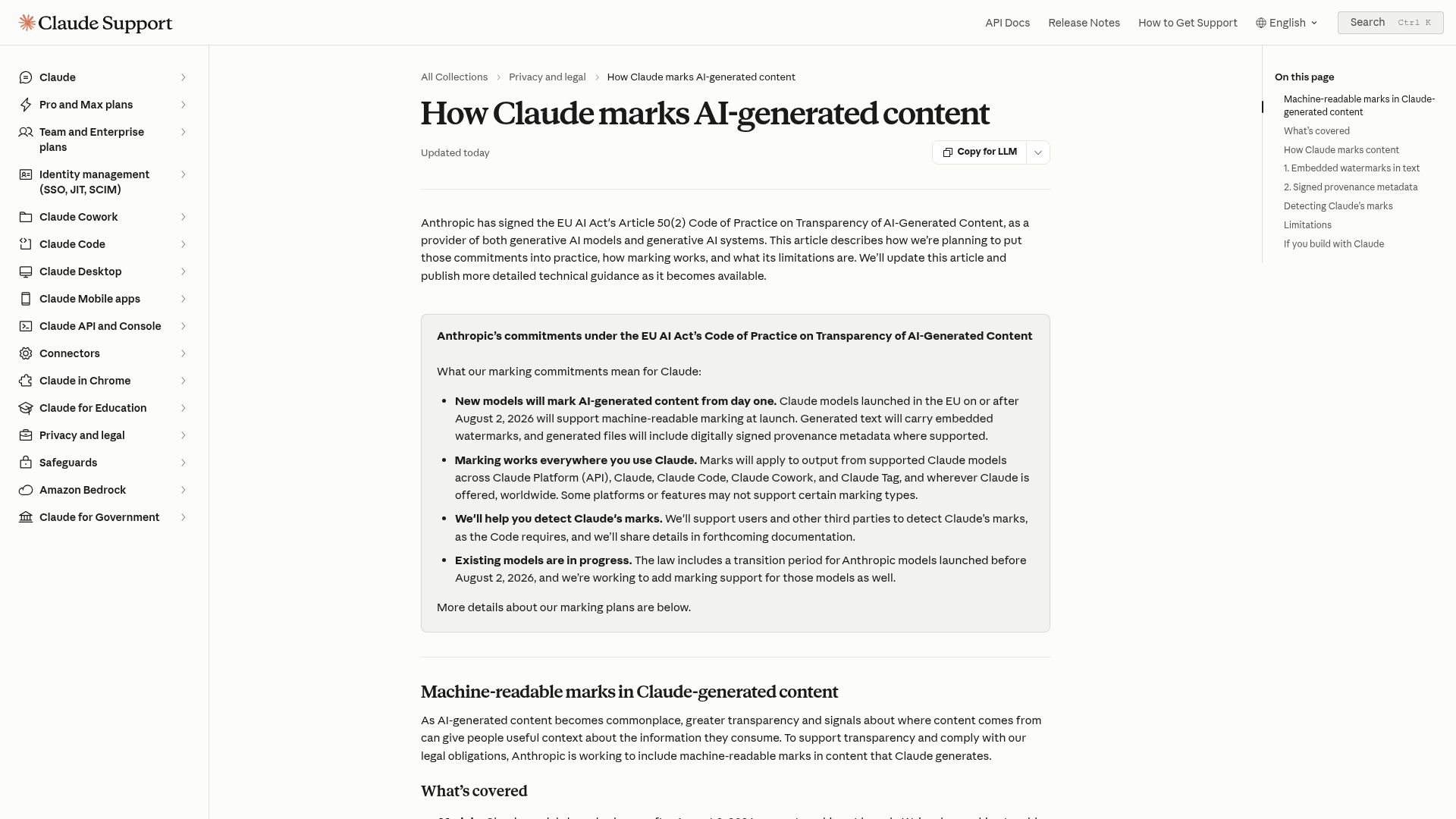 Screenshot of support.claude.com: How Claude marks AI-generated content