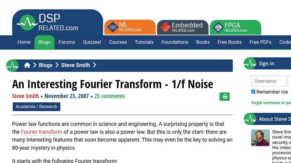 Screenshot of dsprelated.com: An Interesting Fourier Transform – 1/f Noise (2007)