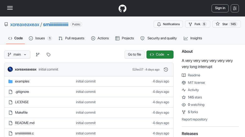 Screenshot of github.com: Exploiting System Management Mode with a very long interrupt