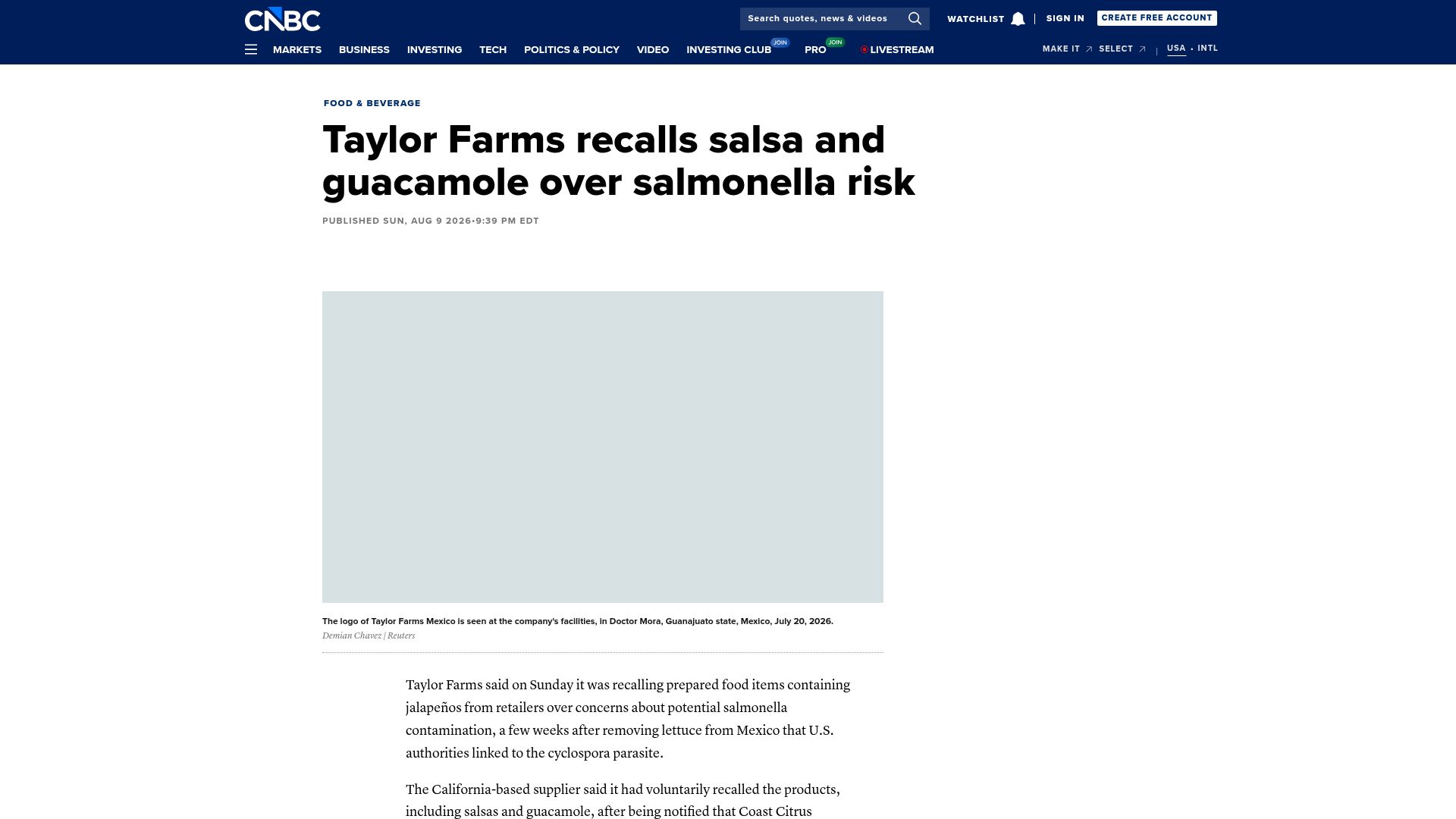 Screenshot of cnbc.com: Taylor Farms recalls salsa and guacamole over salmonella risk