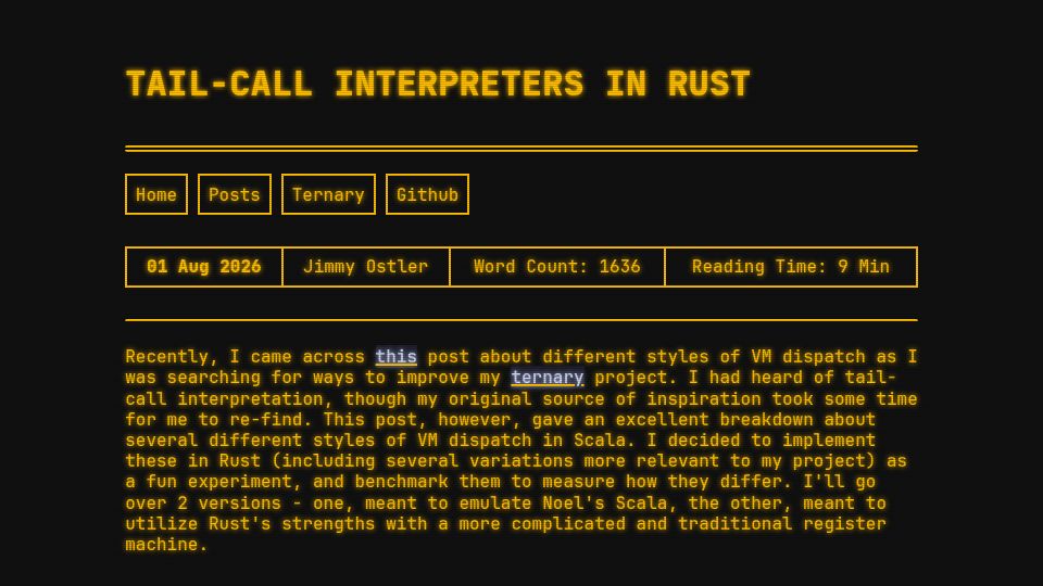 Screenshot of lordgoati.us: Tail-Call Interpreters in Rust – Jimmy Ostler