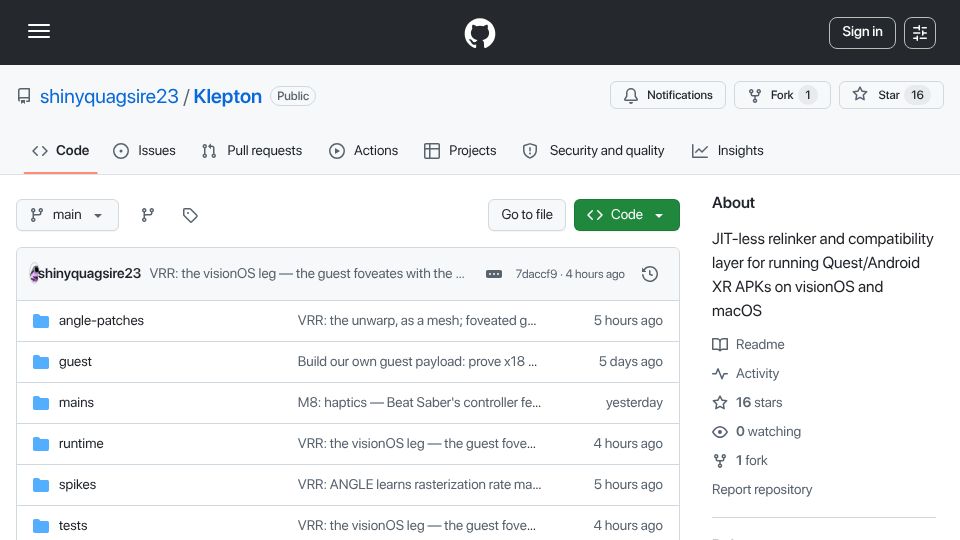 Screenshot of github.com: Run Android ARM64 VR APKs on Apple Vision Pro