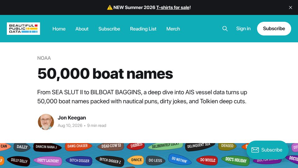 Screenshot of beautifulpublicdata.com: 50k Boat Names