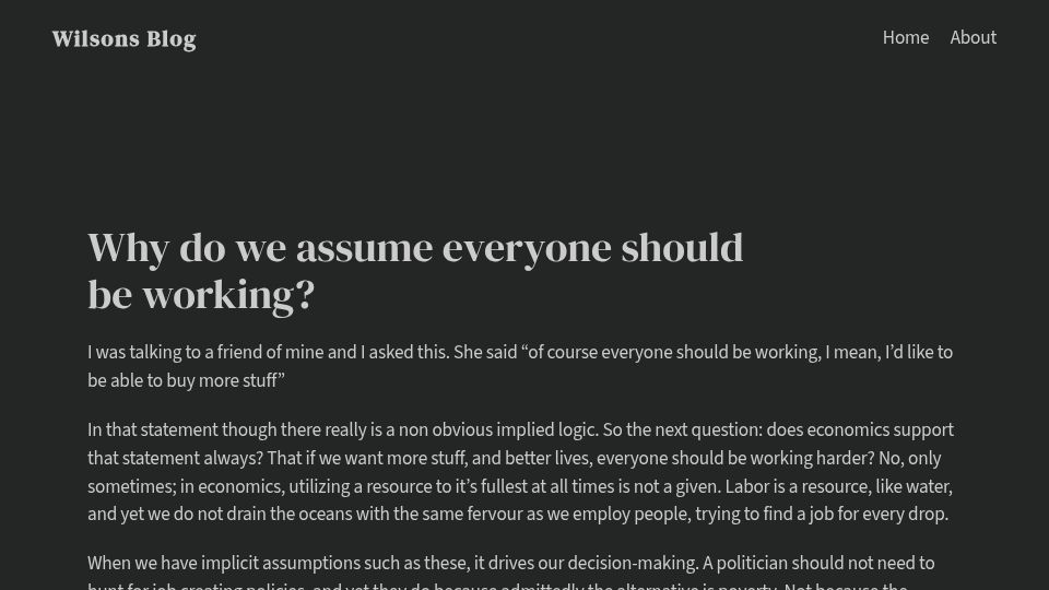 Screenshot of wilsoniumite.com: Why do we assume everyone should be working?