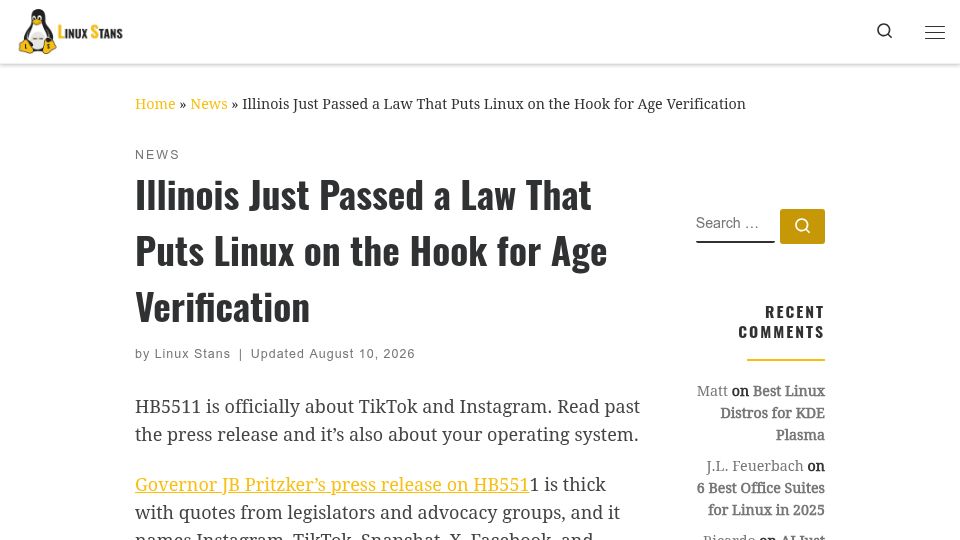 Screenshot of linuxstans.com: Illinois Just Passed a Law That Puts Linux on the Hook for Age Verification