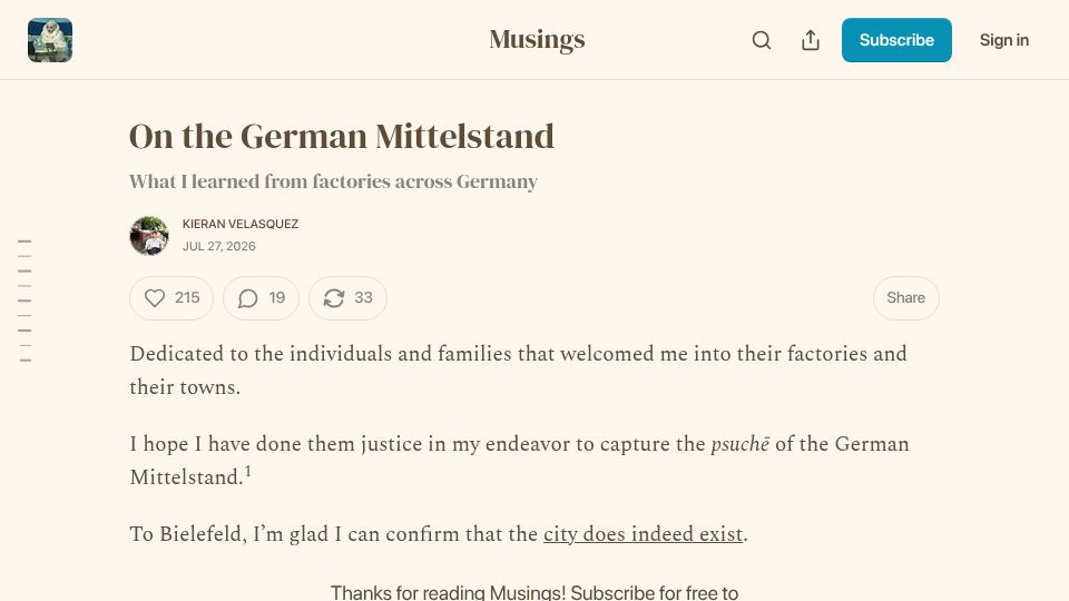 Screenshot of kieranvelasquez.substack.com: The German Mittelstand