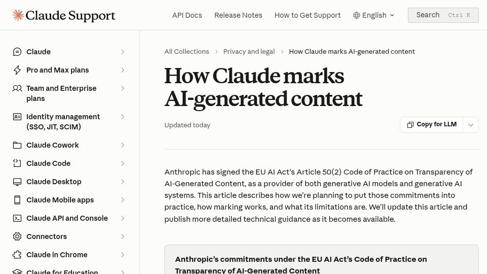 Screenshot of support.claude.com: How Claude marks AI-generated content