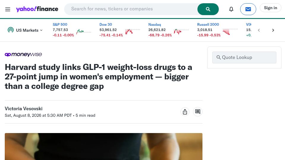 Screenshot of finance.yahoo.com: Study links GLP-1 drugs to bigger jump in women's employment than a degree