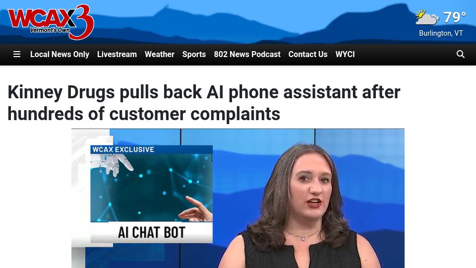Screenshot of wcax.com: Kinney Drugs pulls back AI phone assistant after hundreds of customer complaints
