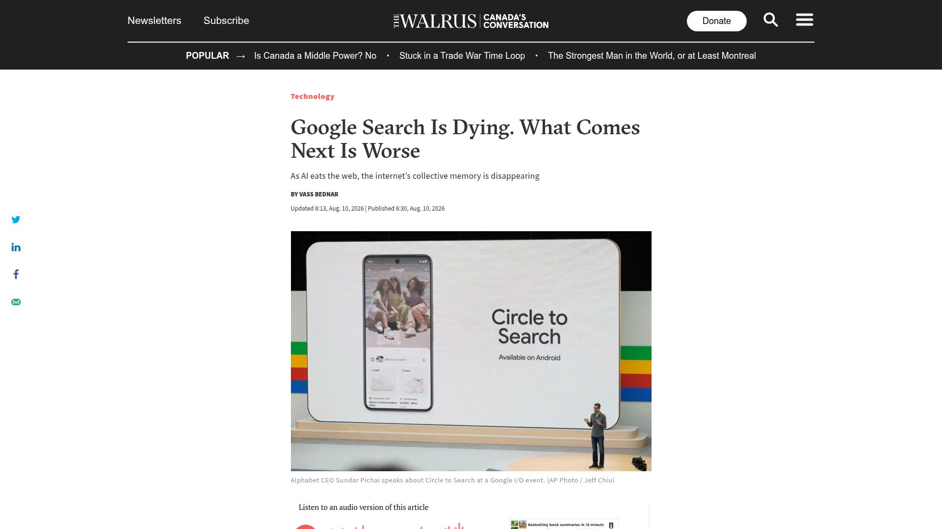 Screenshot of thewalrus.ca: As AI eats the web, the internet’s collective memory is disappearing