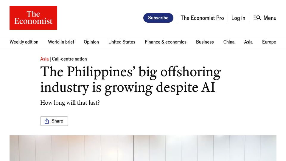 Screenshot of economist.com: The Philippines' big offshoring industry is growing despite AI
