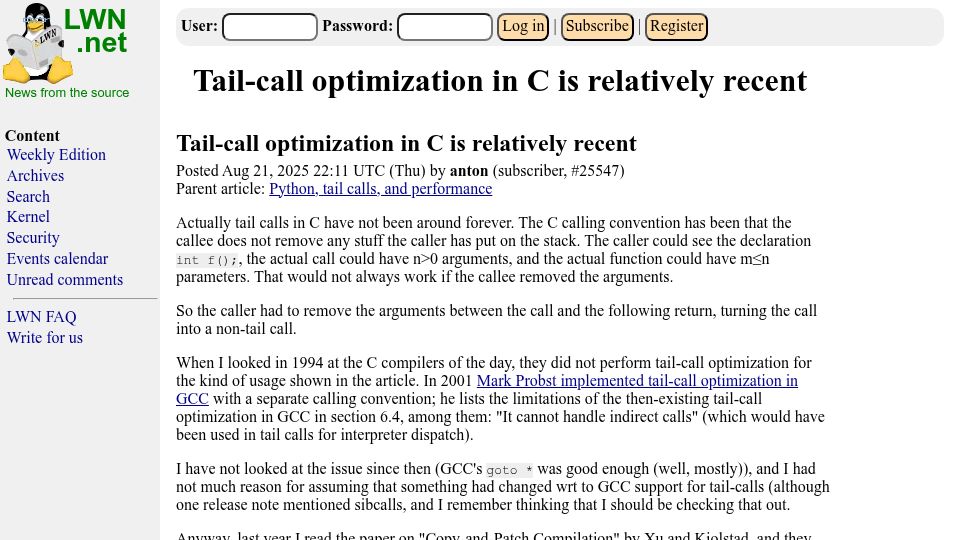 Screenshot of lwn.net: Tail-call optimization in C is relatively recent (2025)