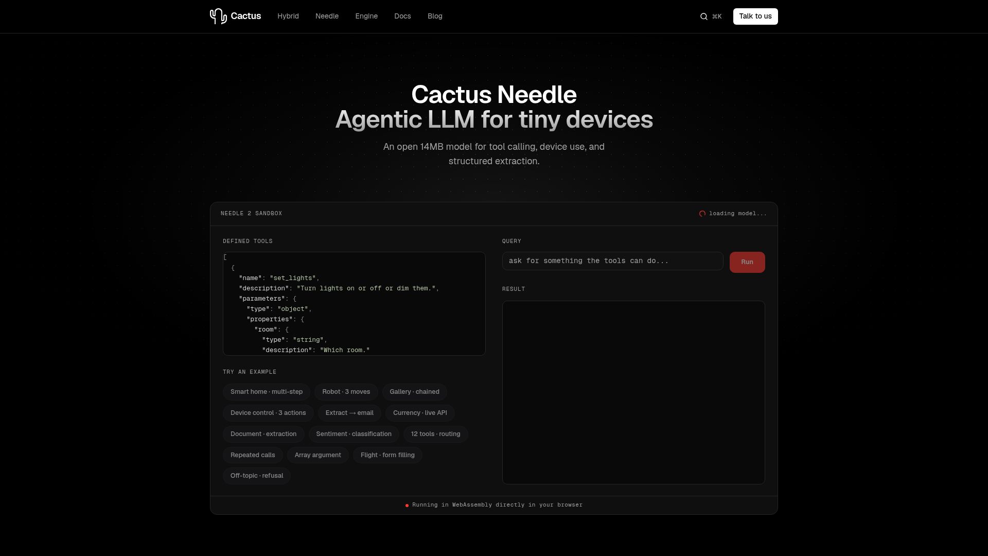 Screenshot of cactuscompute.com: Show HN: Needle2: 14MB agentic LLM for phones, wearables, smart home and robots