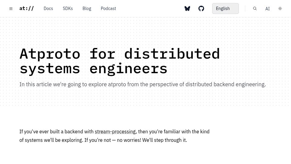 Screenshot of atproto.com: ATProto for Distributed Systems Engineers