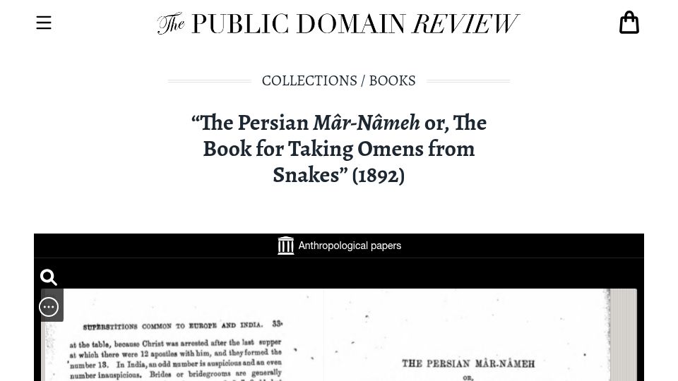 Screenshot of publicdomainreview.org: "The Persian MâR-Nâmeh Or, the Book for Taking Omens from Snakes" (1892)