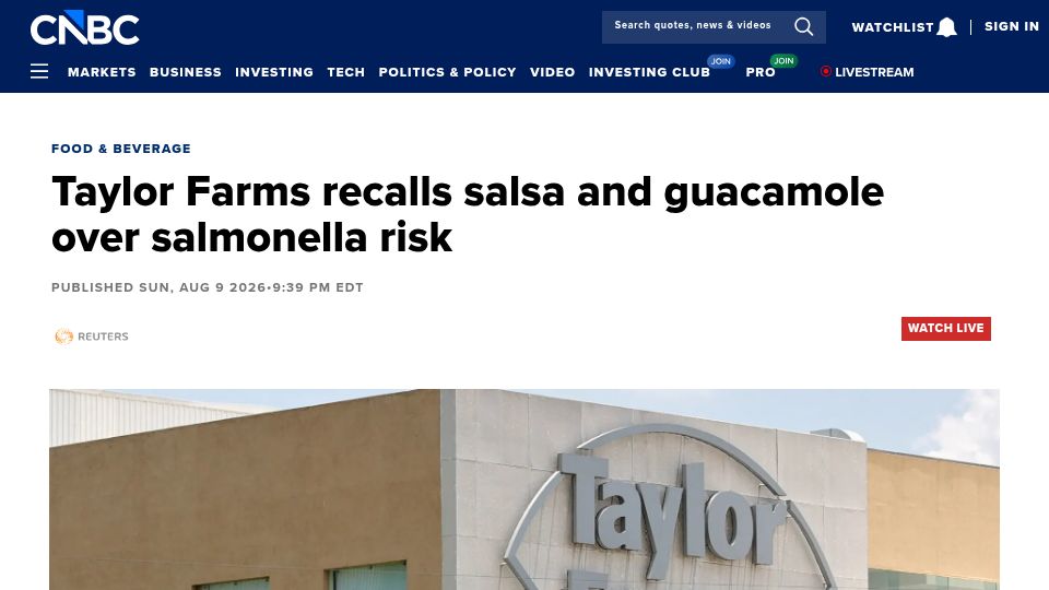 Screenshot of cnbc.com: Taylor Farms recalls salsa and guacamole over salmonella risk