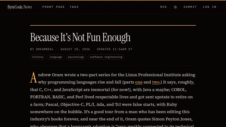 Screenshot of bytecode.news: Because It's Not Fun Enough: why languages fail