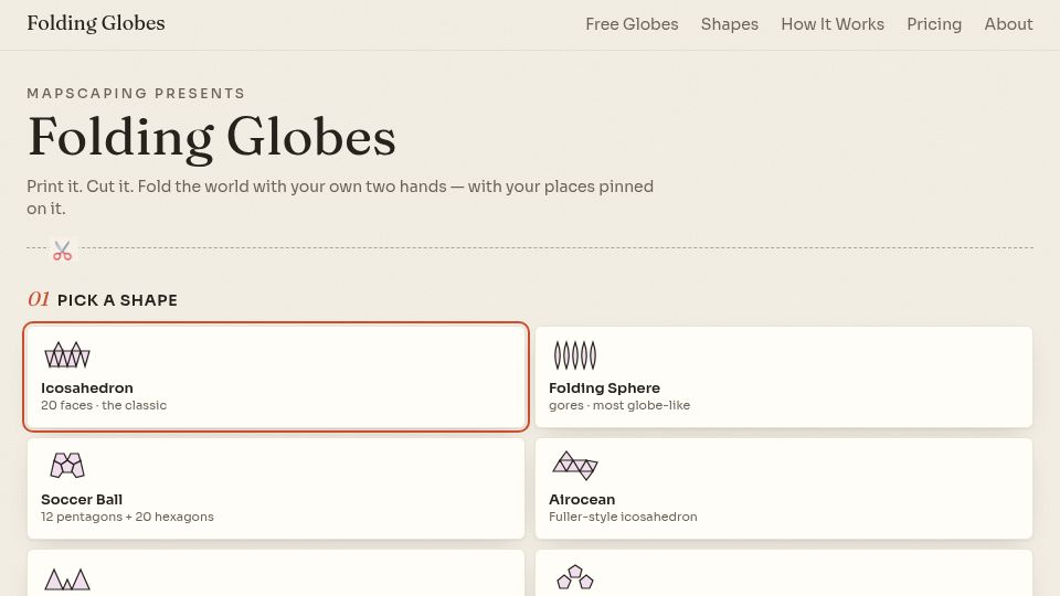 Screenshot of foldingglobes.com: Turn satellite imagery into a paper globe you fold yourself