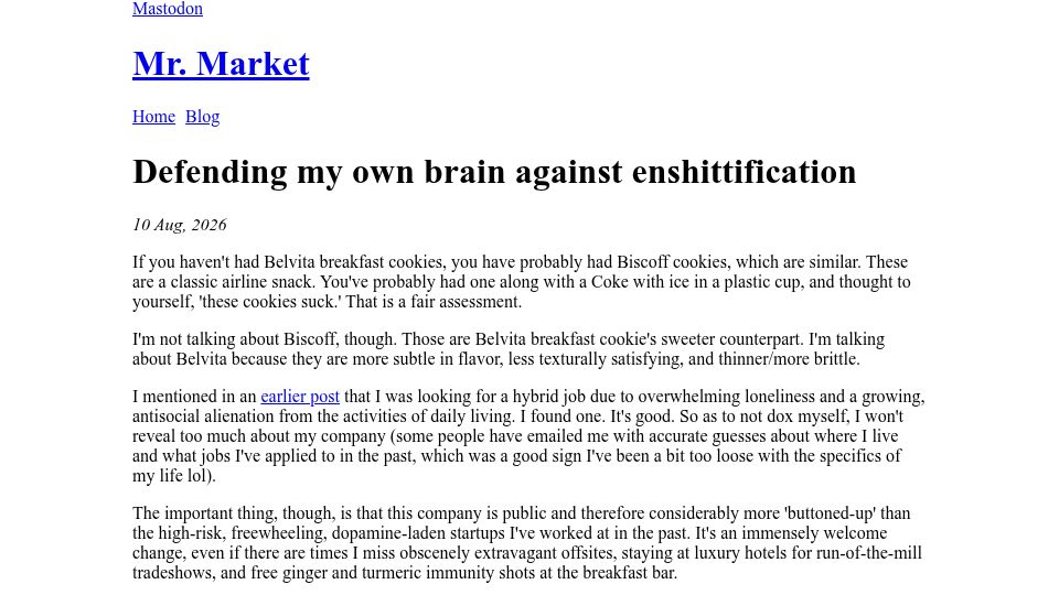 Screenshot of mrmarket.lol: Defending my own brain against enshittification