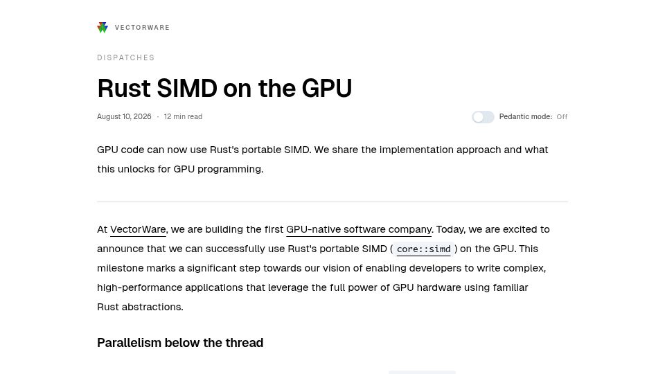 Screenshot of vectorware.com: Rust SIMD on the GPU