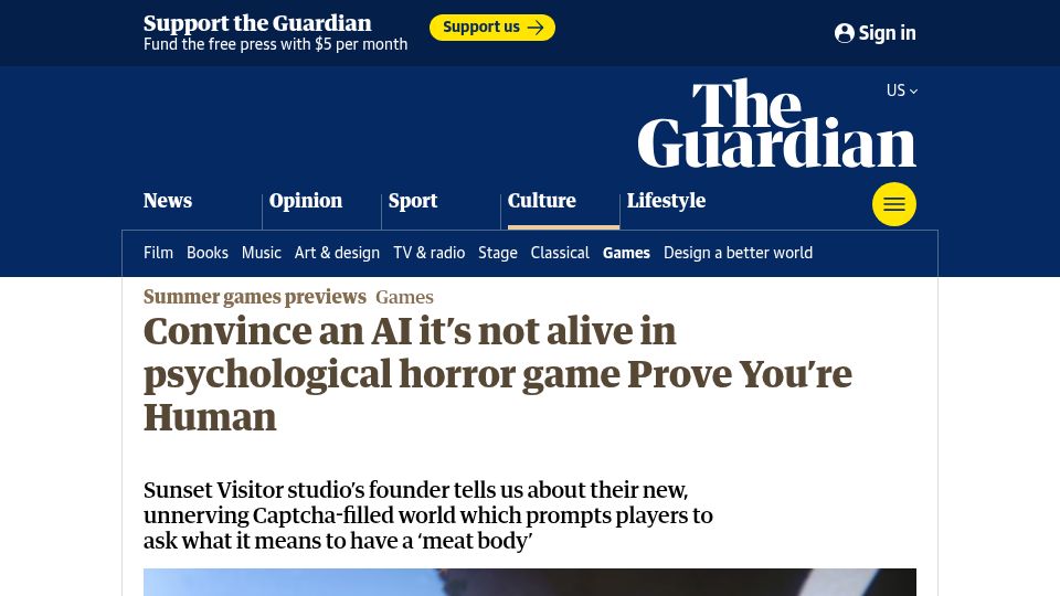 Screenshot of theguardian.com: Convince an AI it's not alive in psychological horror game Prove You're Human