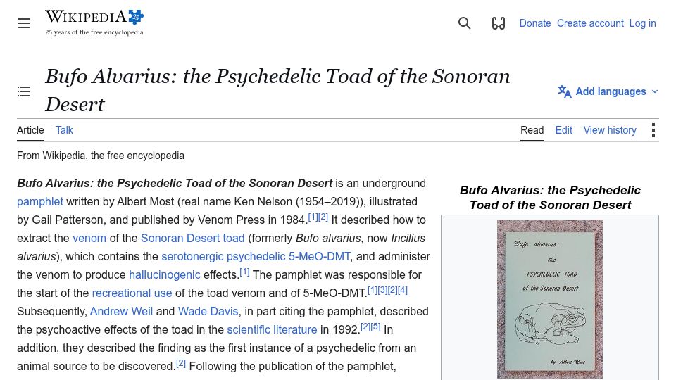 Screenshot of en.wikipedia.org: The Psychedelic Toad of the Sonoran Desert