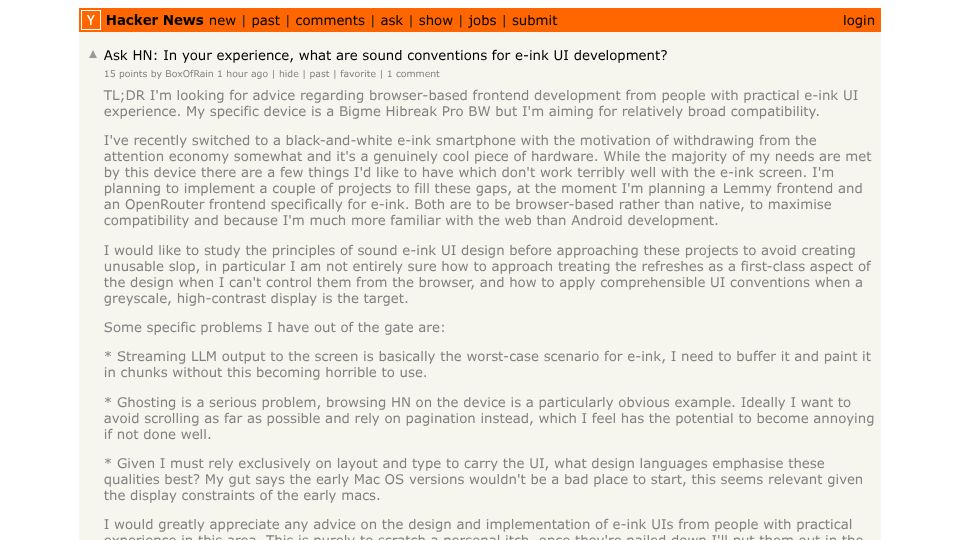Screenshot of Hacker News post: Ask HN: In your experience, what are sound conventions for e-ink UI development?