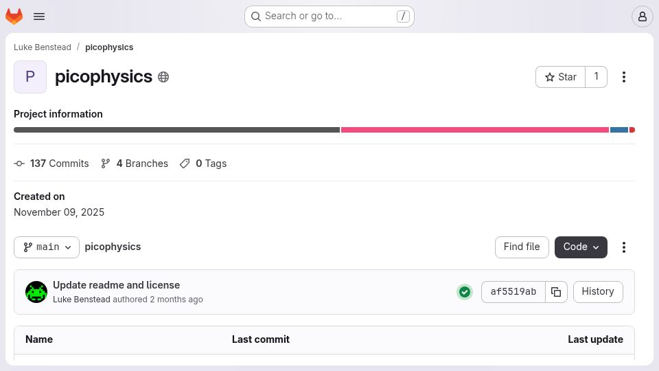 Screenshot of gitlab.com: Picophysics: Single file physics for games on platforms like N64, PSX, DC