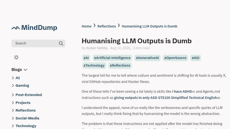 Screenshot of kuber.studio: Humanising LLM Outputs Is Dumb