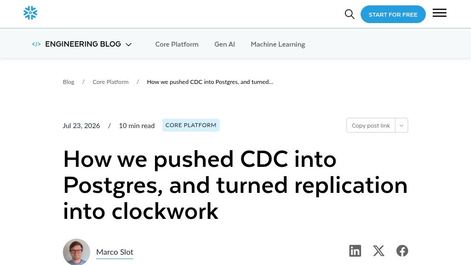 Screenshot of snowflake.com: How We Pushed CDC into Postgres