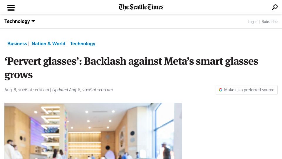 Screenshot of seattletimes.com: 'Pervert glasses': Backlash against Meta's smart glasses grows