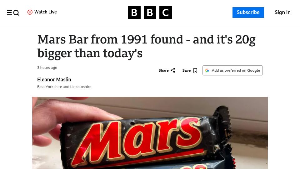 Screenshot of bbc.com: Mars Bar from 1991 found – and it's 20g bigger than today's