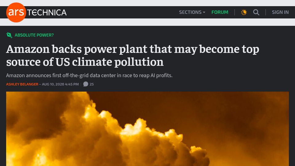 Screenshot of arstechnica.com: Amazon backs power plant that may become top source of US climate pollution