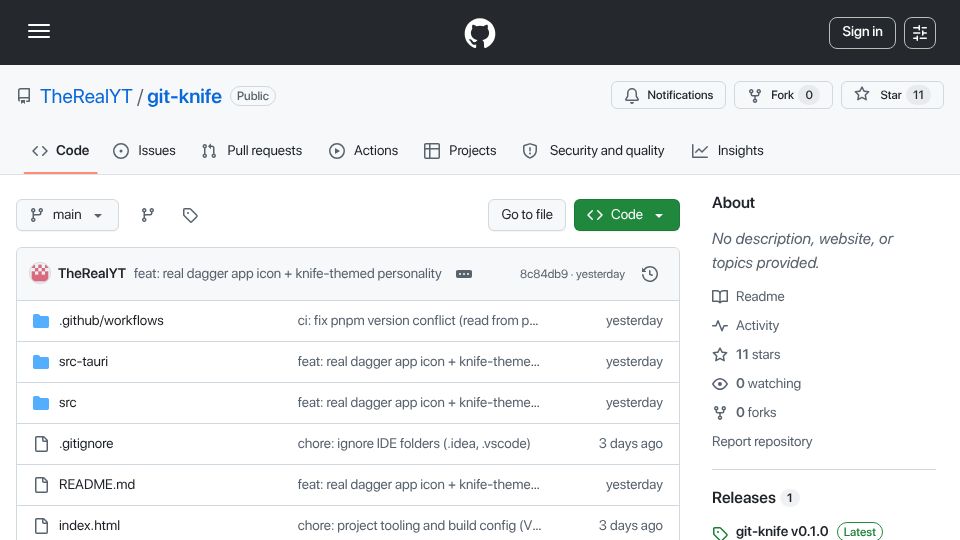 Screenshot of github.com: Show HN: Git-knife – Edit commit messages, authors, and dates like a spreadsheet