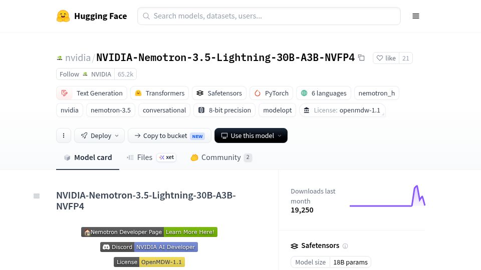 Screenshot of huggingface.co: Nvidia Nemotron 3.5 Lightning