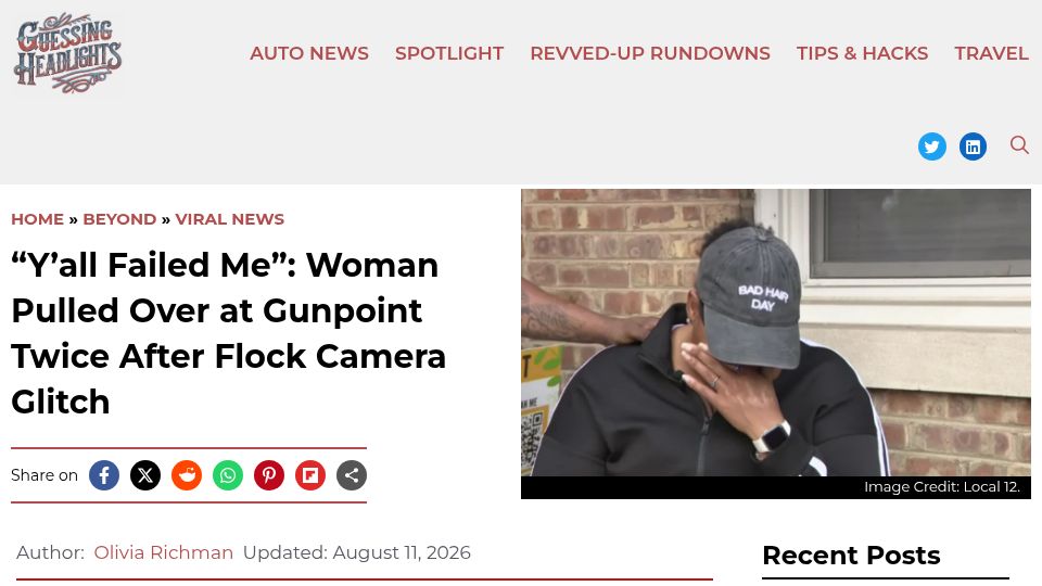 Screenshot of guessingheadlights.com: Woman Pulled over at Gunpoint Twice After Flock Camera Glitch