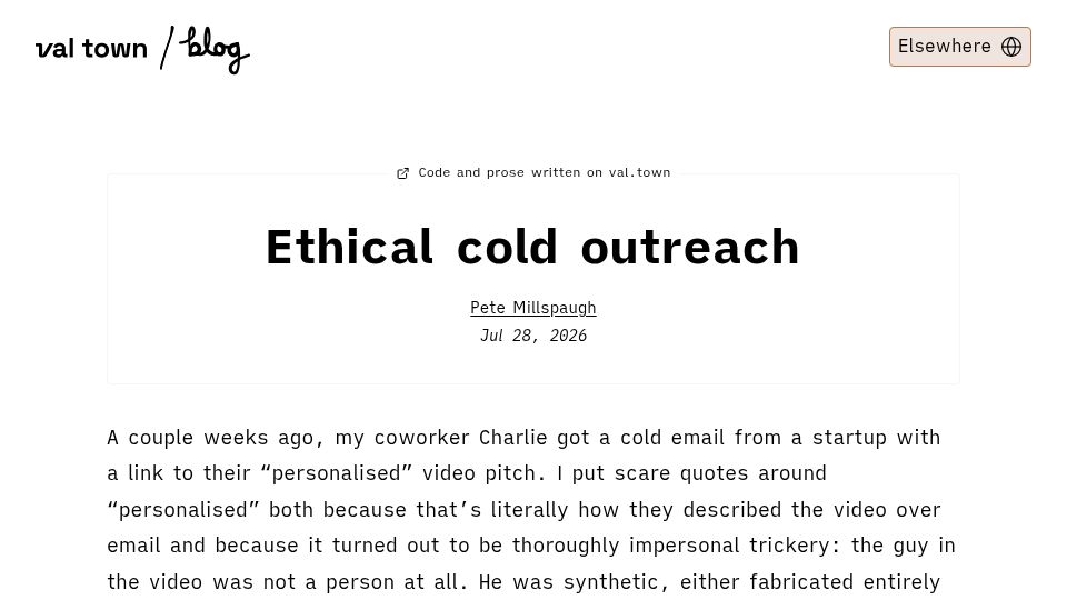 Screenshot of blog.val.town: Ethical Cold Outreach