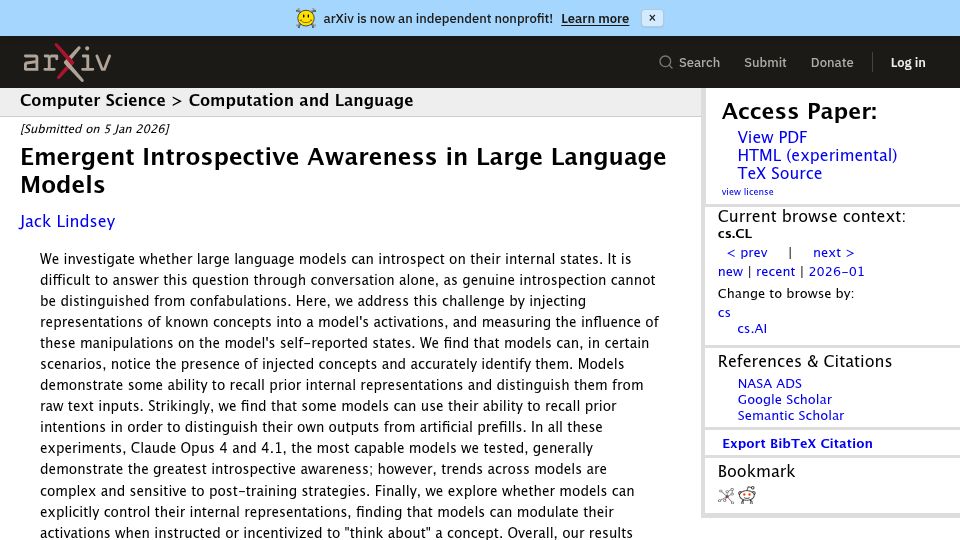 Screenshot of arxiv.org: Emergent Introspective Awareness in Large Language Models