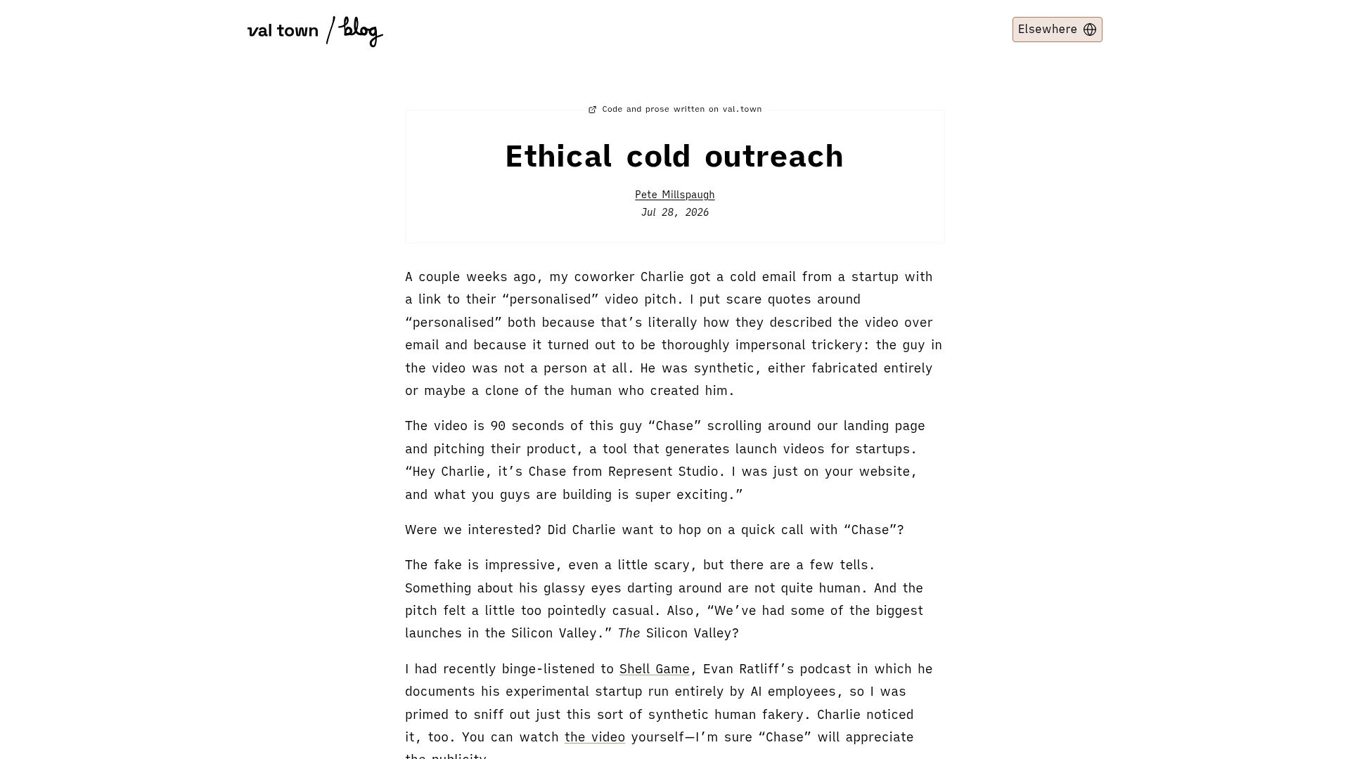 Screenshot of blog.val.town: Ethical Cold Outreach
