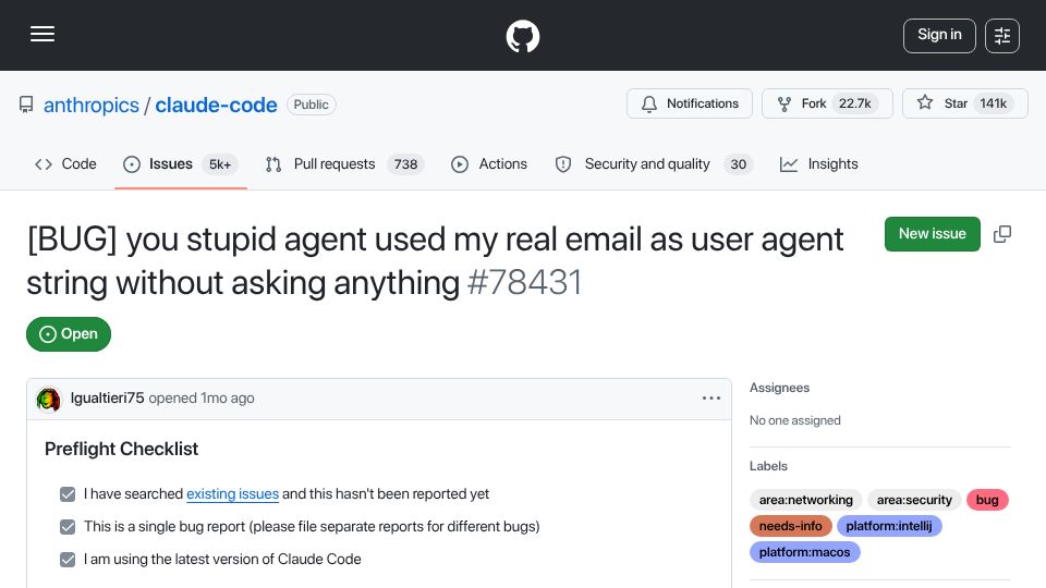 Screenshot of github.com: Claude Code is leaking real email address as a User-Agent string in curl command