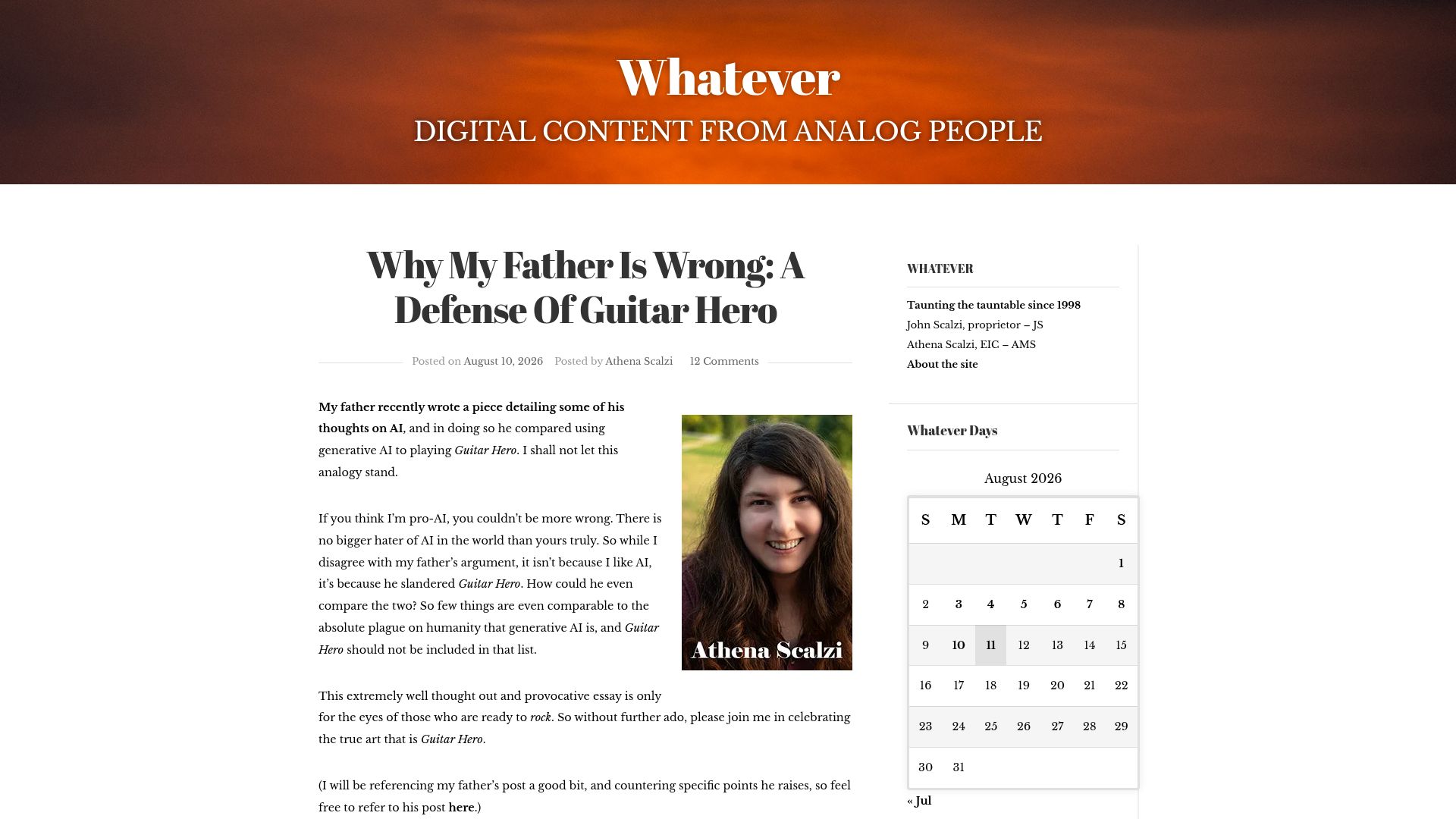 Screenshot of whatever.scalzi.com: Why My Father Is Wrong: A Defense of Guitar Hero