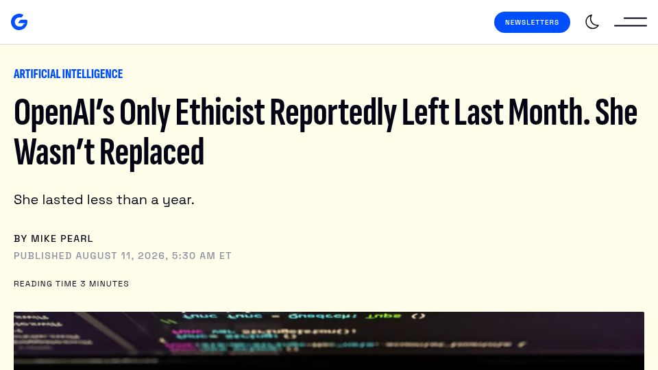 Screenshot of ft.com: OpenAI’s head of ethics leaves less than a year after joining