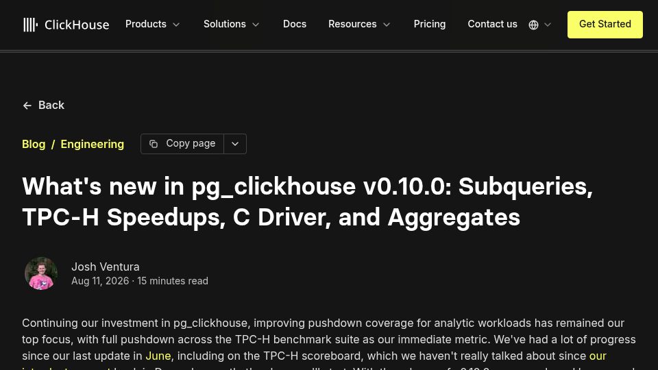 Screenshot of clickhouse.com: pg_clickhouse v0.10: Subquery pushdown and 1000x faster TPC-H queries